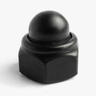 Dome Nylon insert nuts, or dome nyloc nuts. This nut type are designed to lock in using the nylon insert, this resists turning by binding into the threads of the mating fastener.