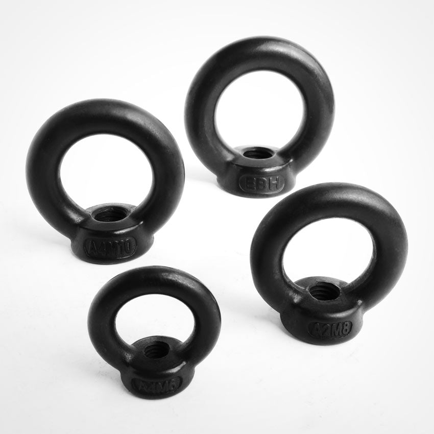 black stainless steel lifting eye nuts available in M6, M8, M12 and M12