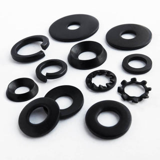 flat, penny, spring, cup serrated lock, mudgurd, conical washers in black stainless steel