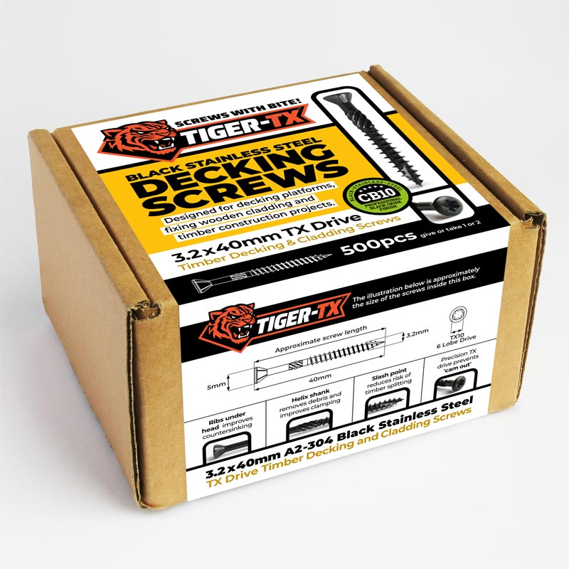 Box of 500 TIGER-TX 3.2x40mm-Black-Stainless-Decking-Screws