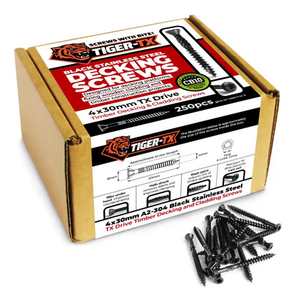 TIGER-TX Black Stainless Steel Decking / Cladding Screws Retail Boxes