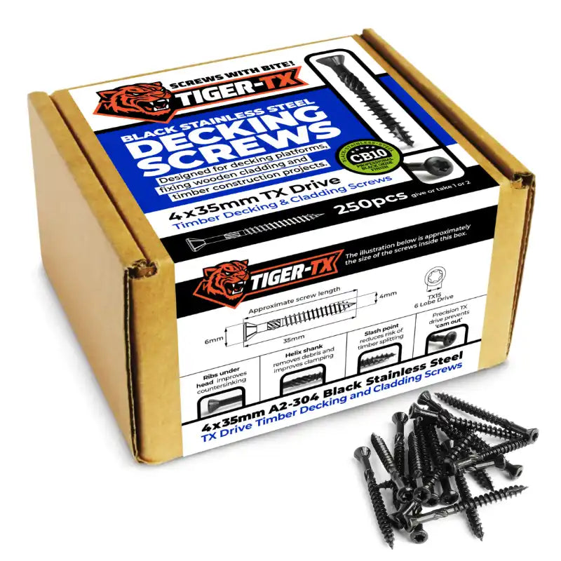 TIGER-TX Black Stainless Steel Decking / Cladding Screws Retail Boxes