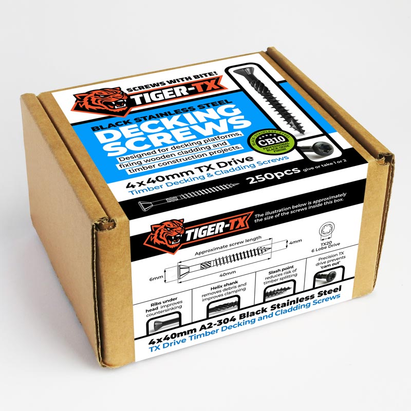 Box of 250 Tixer-TX 4x40mm-Black-Stainless-Decking-Screws