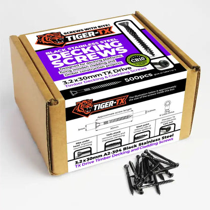 3.2x30mm Tiger-TX black stainless steel decking / cladding screws, shown at an angle with a group of loose black screws in the foreground on a white background