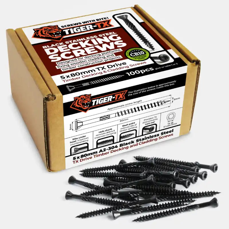 TIGER-TX Black Stainless Steel Decking / Cladding Screws Retail Boxes