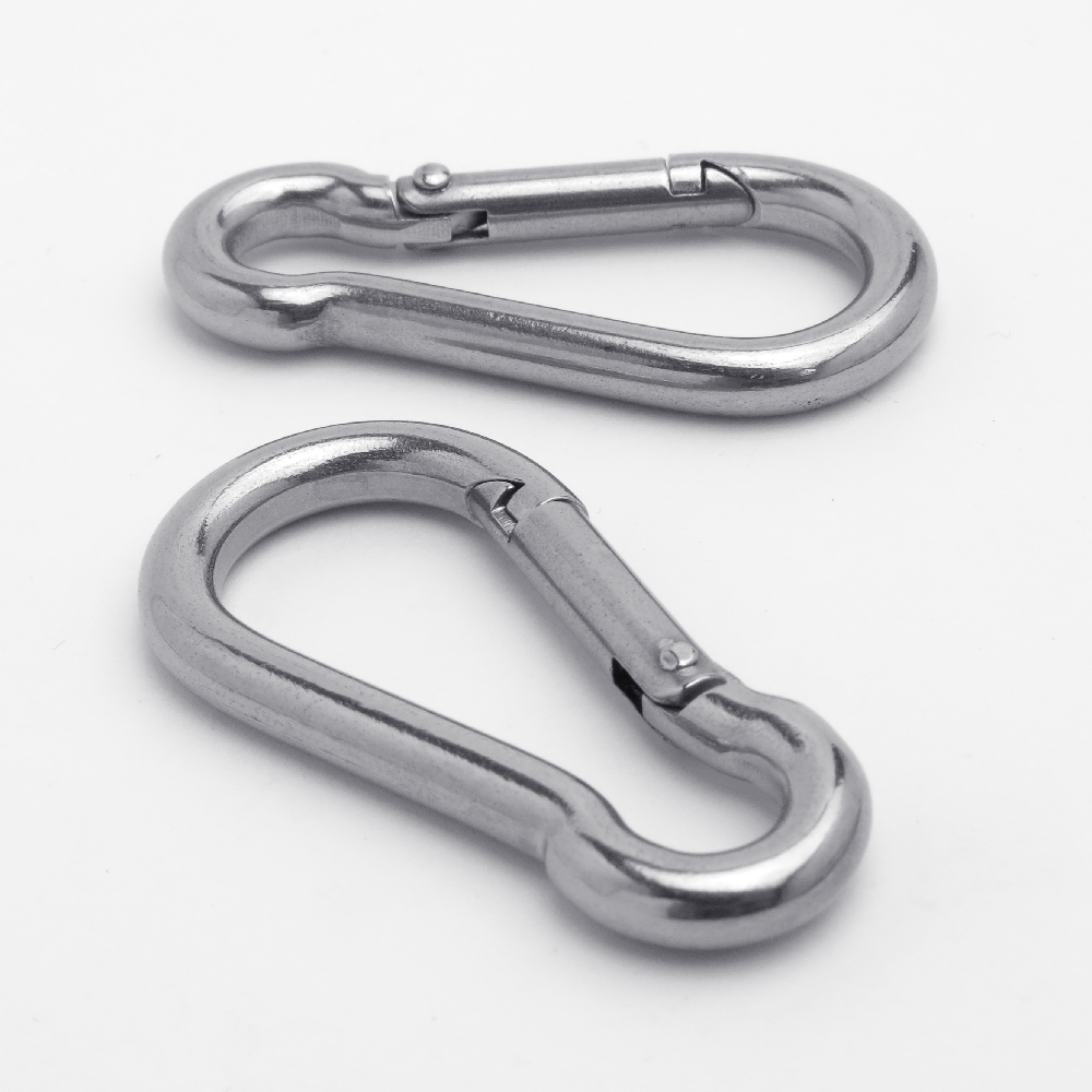 Two silver stainless steel carabiners on a white background