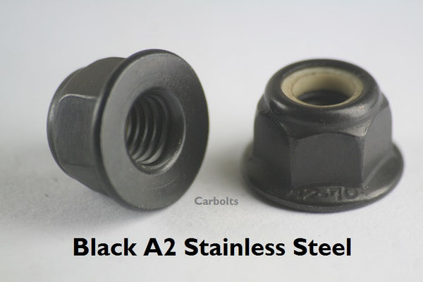 Black Stainless Steel Non Serrated Flanged Nyloc Nuts available in M4, M5, M6, M8, M10